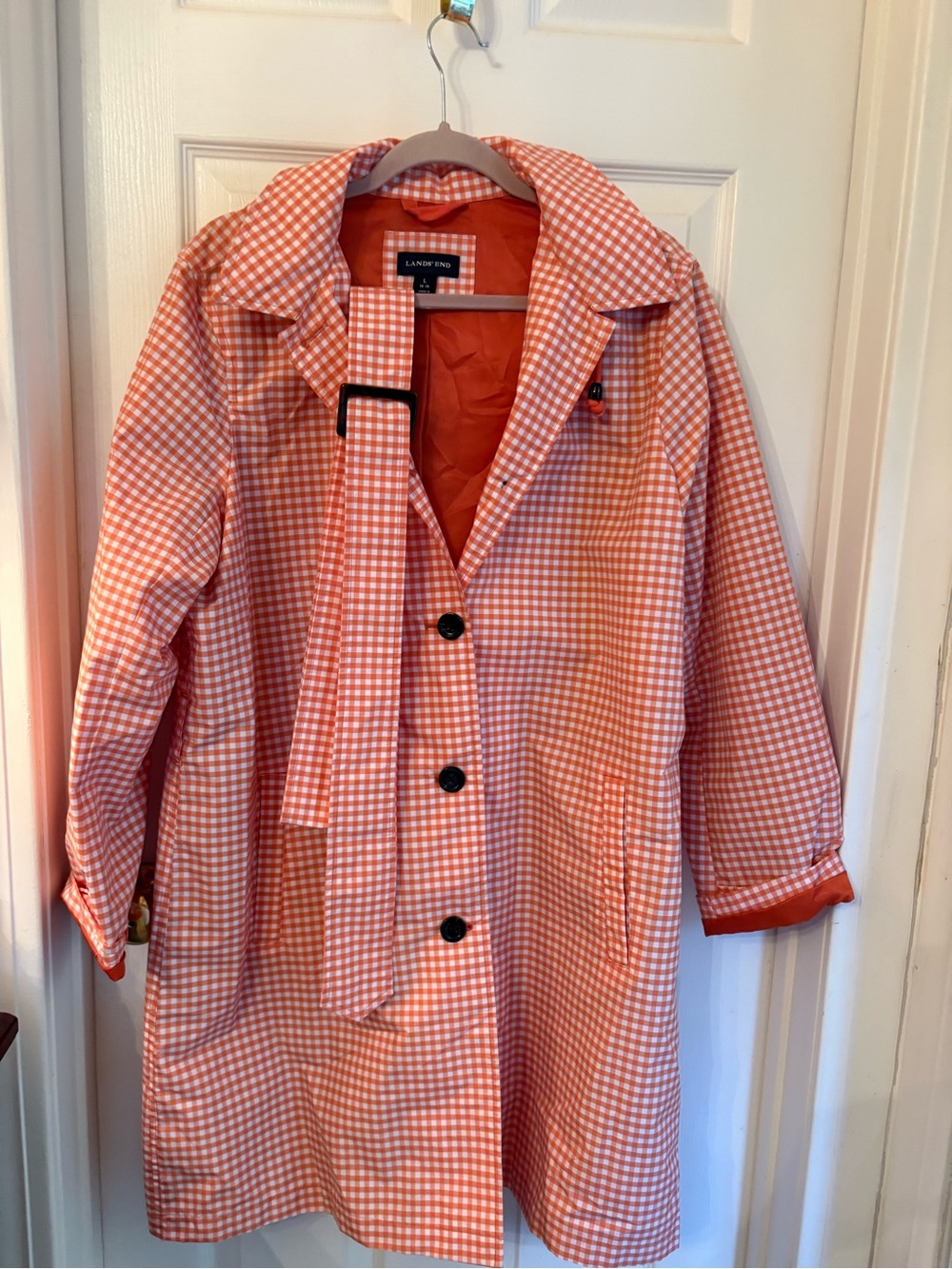 Lands' End Orange Gingham Belted Trench Coat